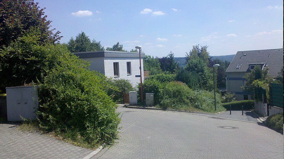 Ruhige Wohnstraße in Bochum-Stiepel mit Einfamilienhäusern, Hecken und Bäumen unter blauem Himmel