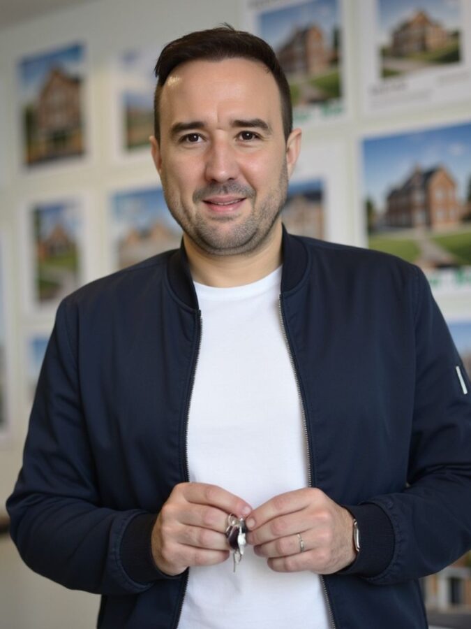 Christian Gottschling hält einen Wohnungsschlüssel in der Hand, im Hintergrund eine Wand mit Objektunterlagen