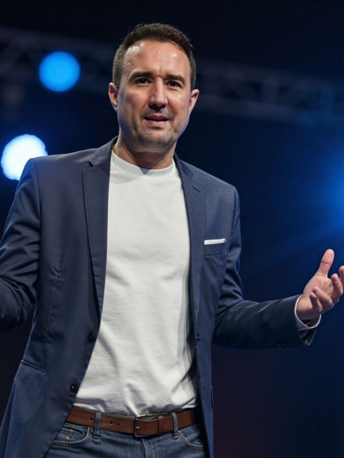 Christian Gottschling erklärt mit beiden Händen etwas auf einer Bühne mit blauem Licht