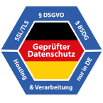 Blaues Sechseck-Siegel mit der Aufschrift Geprüfter Datenschutz sowie den Hinweisen DSGVO, BDSG, SSL/TLS, Hosting und Verarbeitung nur in DE