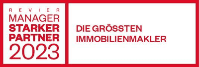 Rot-weißes Siegel mit der Aufschrift Revier Manager, Starker Partner 2023 und Die größten Immobilienmakler
